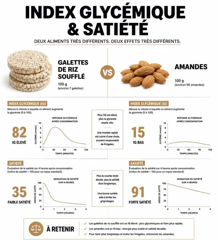 Comparatif nutritionnel : index glycémique des galettes de riz soufflé versus amandes