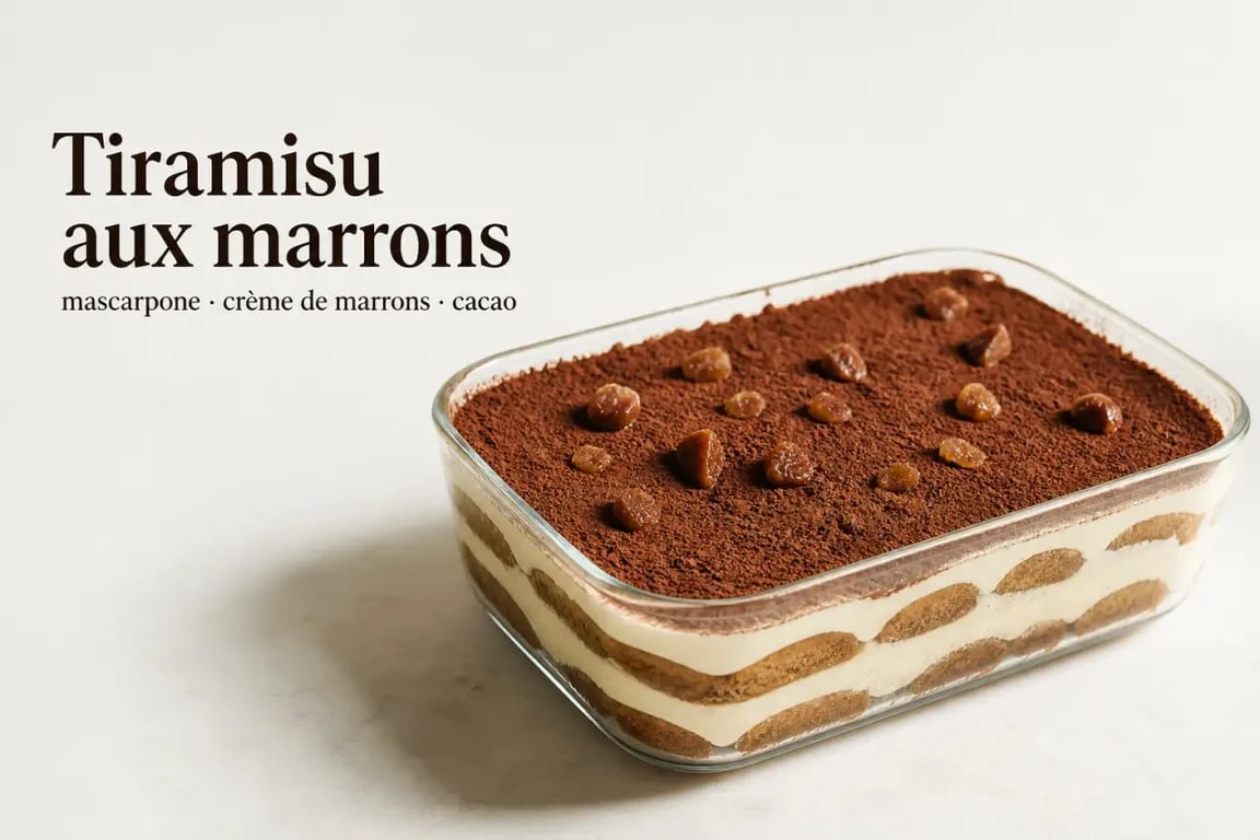 Tiramisu aux marrons crémeux servi dans un plat en verre, saupoudré de cacao