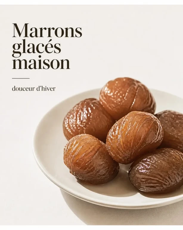 Recettes des marrons glacés : marrons glacés maison brillants sur assiette blanche
