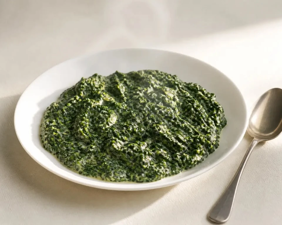 Épinard à la crème surgelé servi chaud dans une assiette, texture onctueuse et appétissante