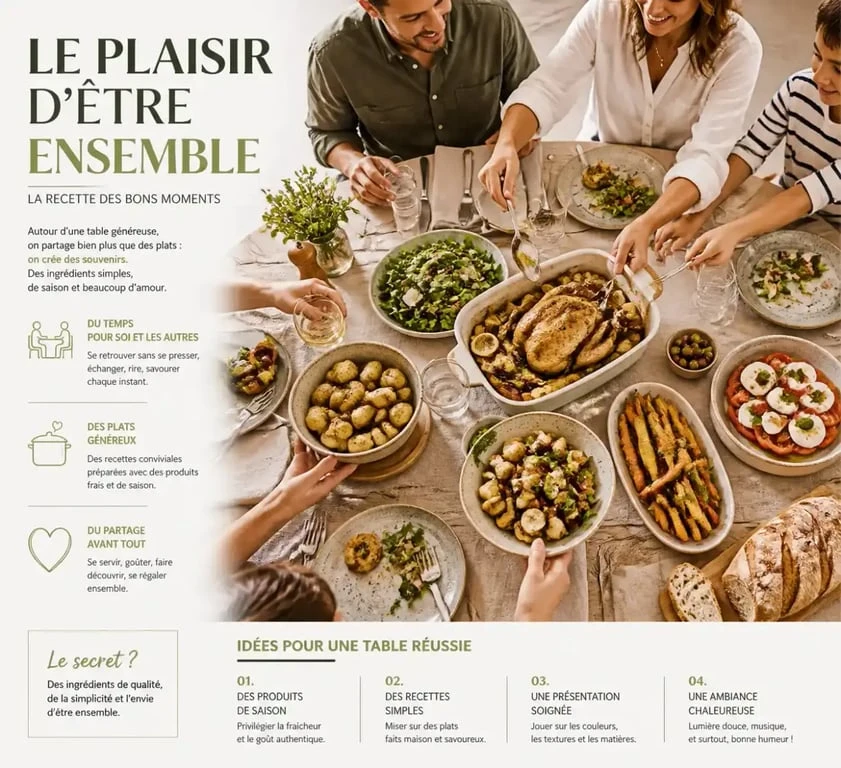 Moment de partage autour de plats familiaux conviviaux