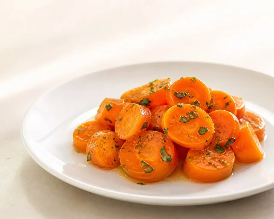 Recette carottes Vichy brillantes et glacées servies dans une assiette blanche