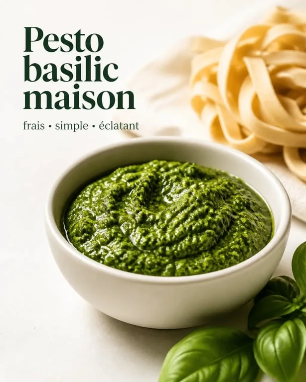 Recette pour pesto basilic maison servi avec des pâtes fraîches dans un petit bol