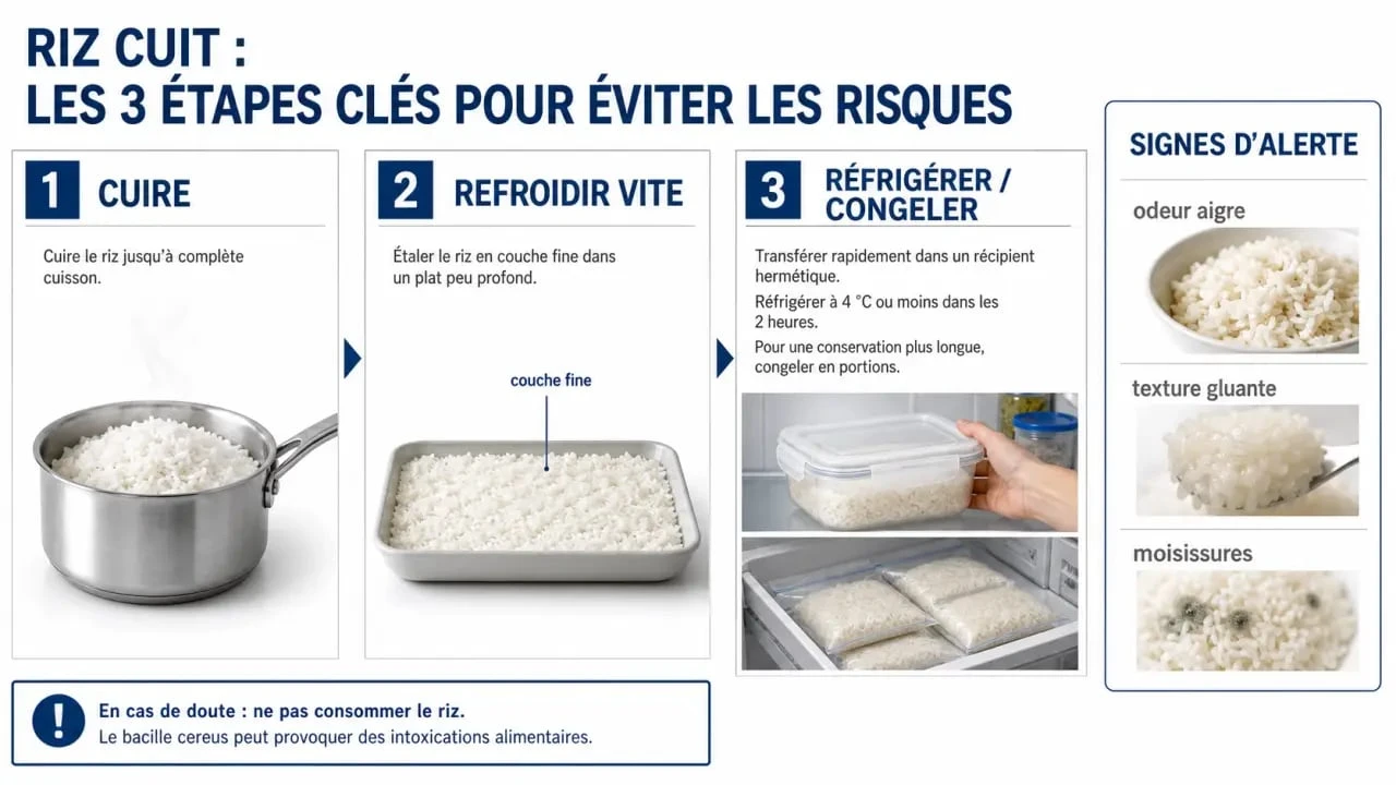 Comment conserver le riz cuit : schéma du refroidissement rapide, du stockage hermétique au réfrigérateur et de la congélation en portions