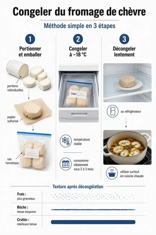 Congeler du fromage de chèvre : étapes d’emballage, de congélation à -18 °C et de décongélation au réfrigérateur