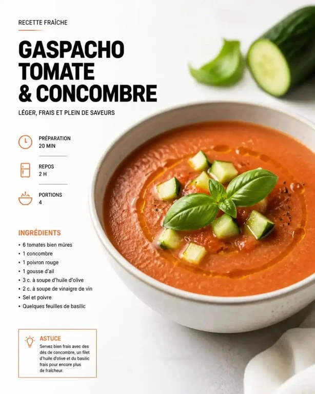 Gaspacho tomate concombre frais servi dans un bol avec filet d'huile d'olive et basilic
