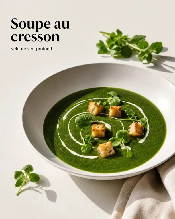 Recette de la soupe au cresson servie en bol, veloutée et appétissante