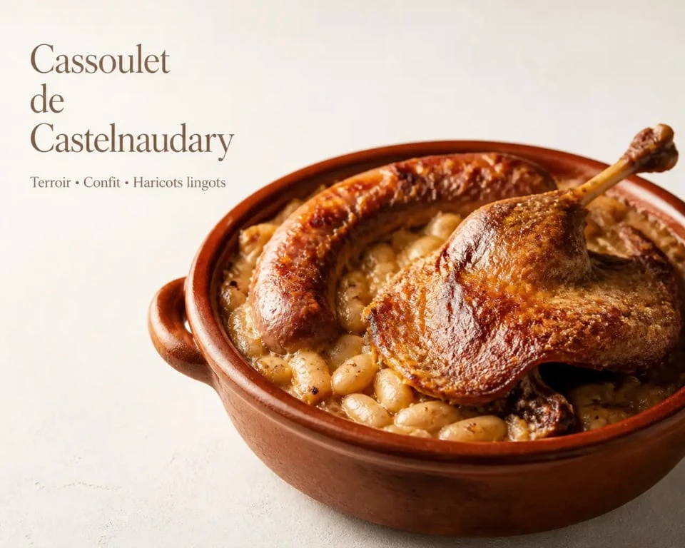 Recette cassoulet de Castelnaudary servi dans une cassole avec haricots lingots, saucisse de Toulouse et confit de canard