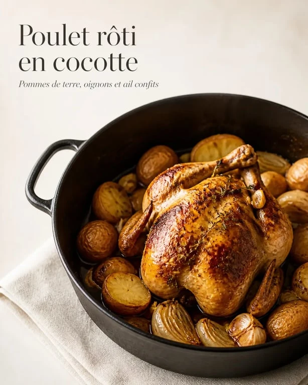 Poulet au four cocotte fermée doré et moelleux servi en cocotte avec pommes de terre