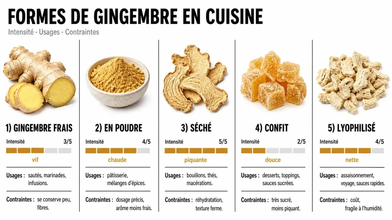 Gingembre cuisine : comparatif visuel des formes fraîches, en poudre, séchées, confites et lyophilisées