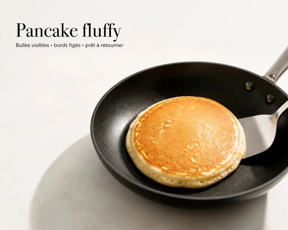Recette pancakes fluffy en cuisson dans une poêle avec bulles indiquant le bon moment pour retourner