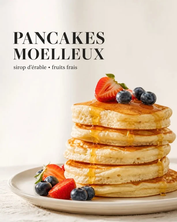 Recette pancakes fluffy servis en pile dorée sur une assiette claire avec sirop d’érable