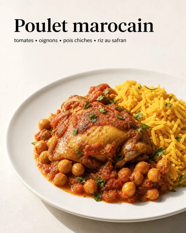 Recette au poulet marocain servie avec riz safrané, poulet mijoté et pois chiches