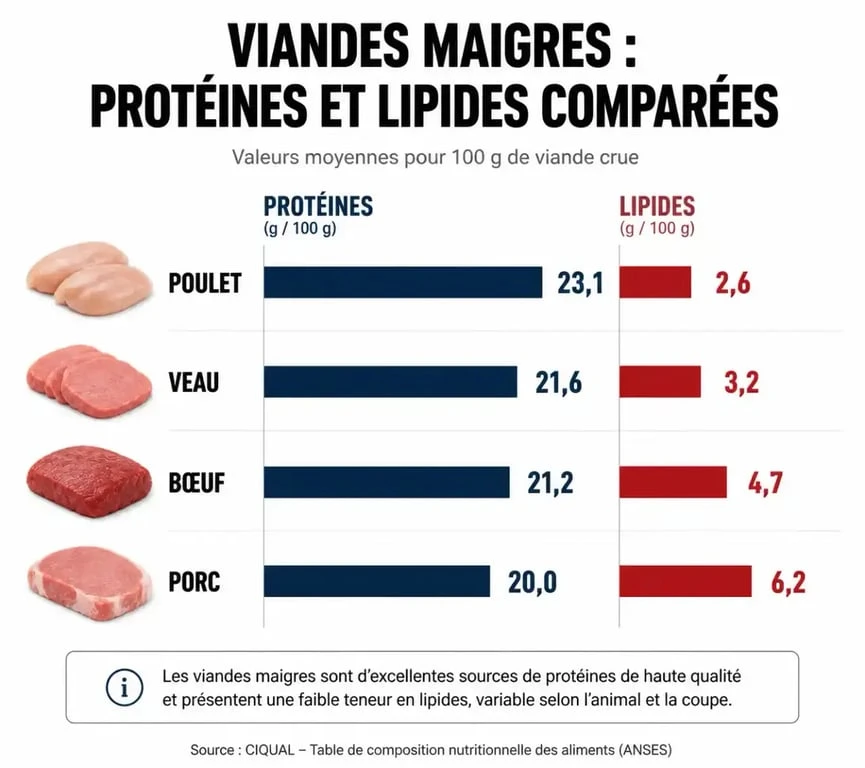 Infographie comparative de la teneur en protéines et lipides des différentes viandes maigres pour une alimentation équilibrée.