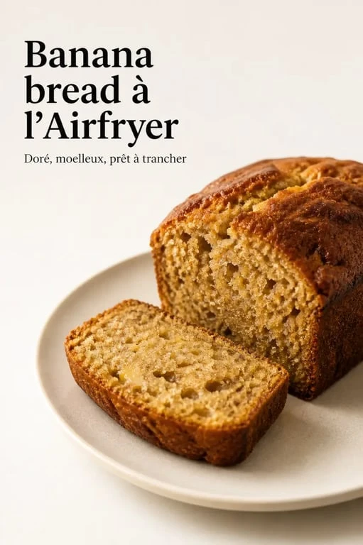 Banana bread air fryer moelleux et doré, tranche visible dans un moule compatible
