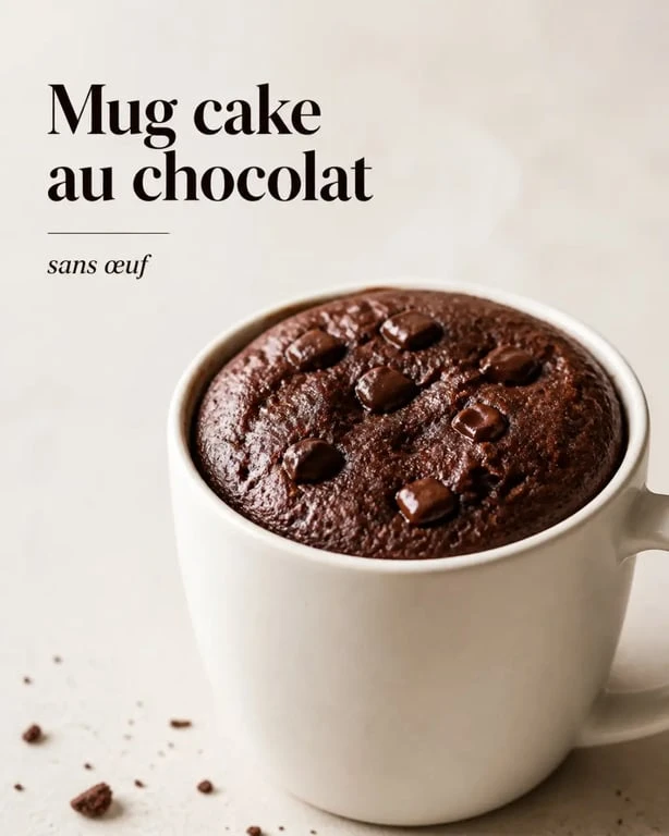 Mug cake sans oeuf au chocolat servi dans une tasse, moelleux et gourmand