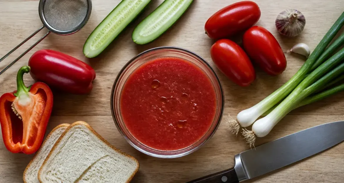 Gaspacho tomate concombre : la recette express pour un été rafraîchissant Gaspacho tomate concombre express, bol rouge et concombres
