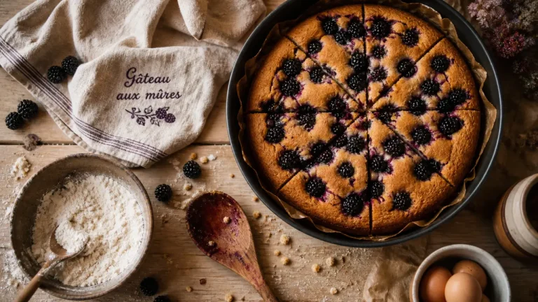 Gâteau aux mûres : la pâte, la cuisson et les gestes pour éviter un résultat compact Gateau à la mure : gâteau aux mûres maison, vue de dessus