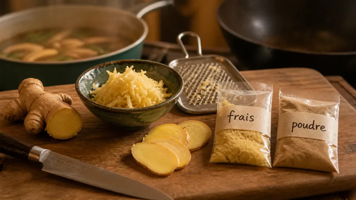 Gingembre cuisine : bol de gingembre râpé, poudre et râpe
