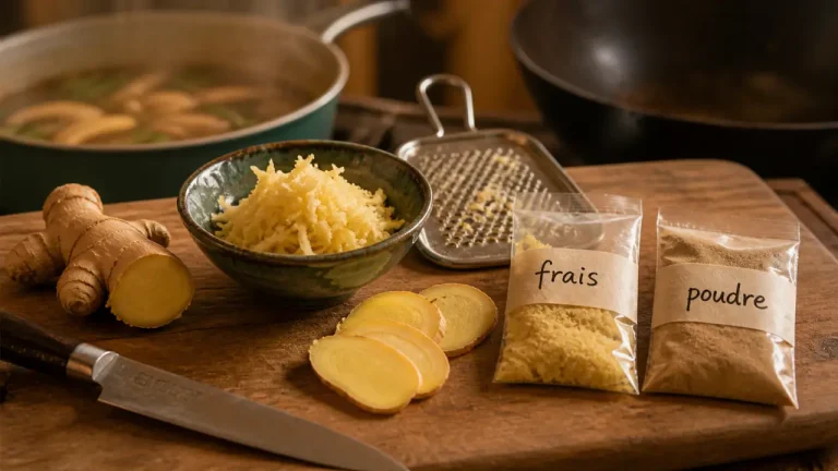 Gingembre en cuisine : choisir, conserver, doser et cuisiner sans se tromper Gingembre cuisine : bol de gingembre râpé, poudre et râpe