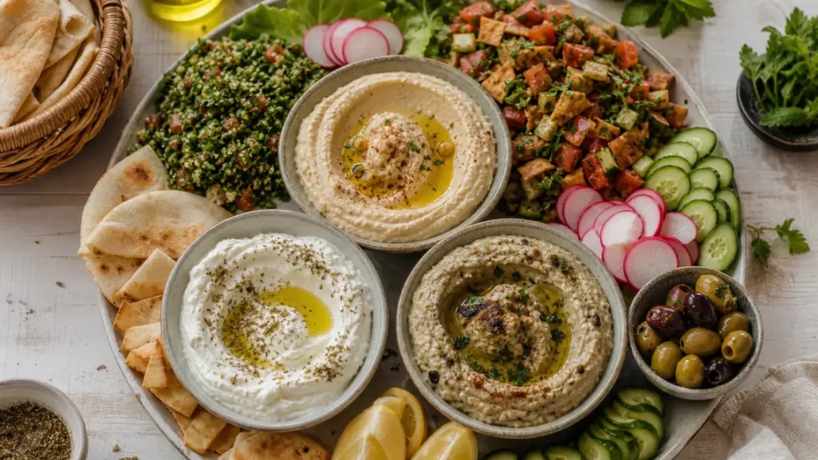 Mezzé libanais : houmous, labneh, mutabbal et salades, dips et pita.