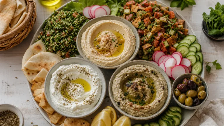 Mezzé libanais : l’équilibre entre dips, salades et bouchées chaudes Mezzé libanais : houmous, labneh, mutabbal et salades, dips et pita.