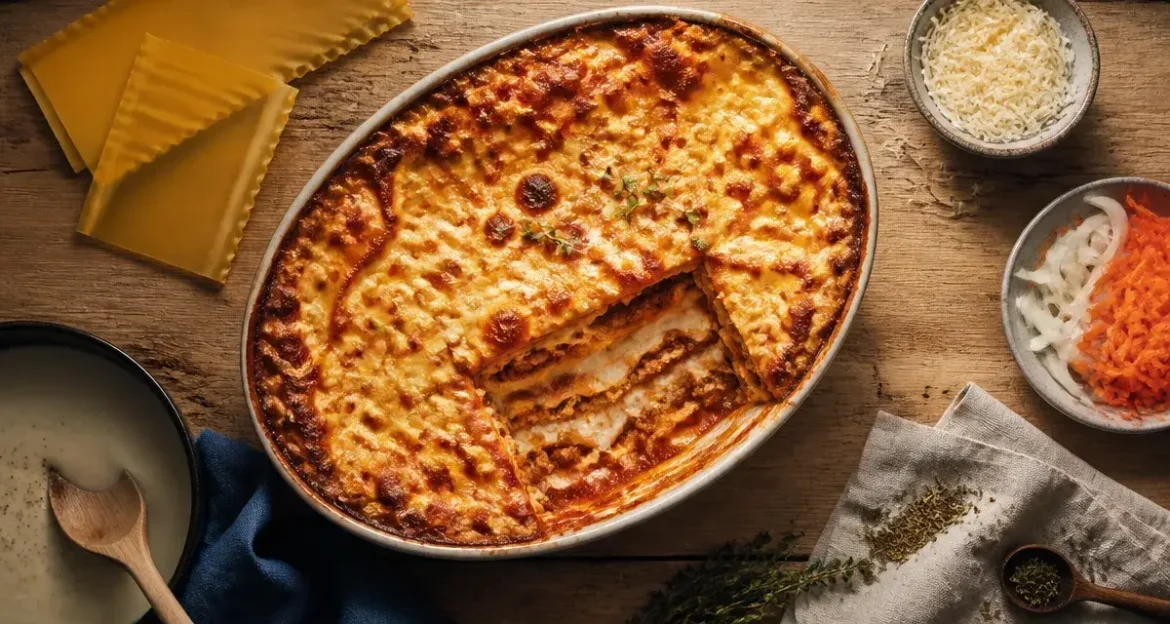 Plats familiaux : 5 astuces pour cuisiner généreux, sain et économique Plats familiales : lasagnes maison sur table en bois