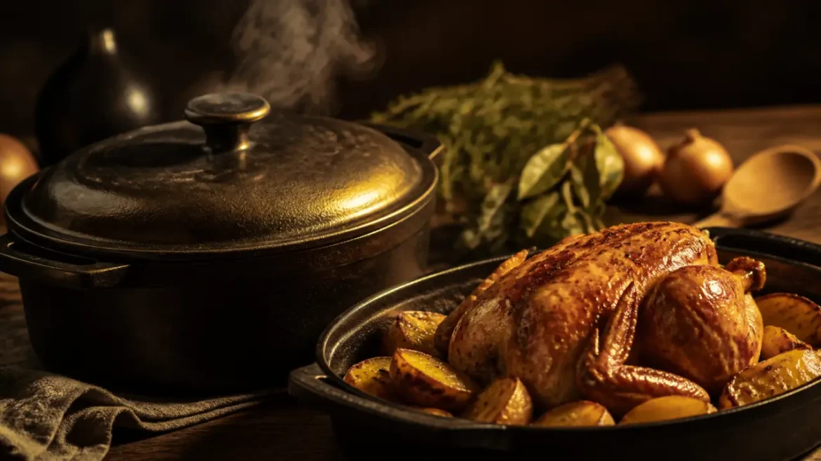 Poulet au four en cocotte fermée : cuisson à 200°C, bouillon et gestes anti-viande sèche poulet au four cocotte fermée : poulet rôti et pommes de terre