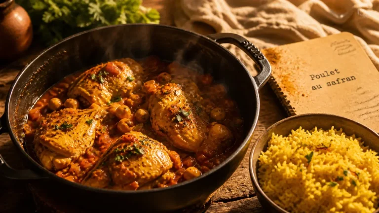 Poulet marocain mijoté en cocotte : pois chiches et riz safrané en 1 h 30 Recette au poulet marocain en cocotte avec pois chiches et riz safrané