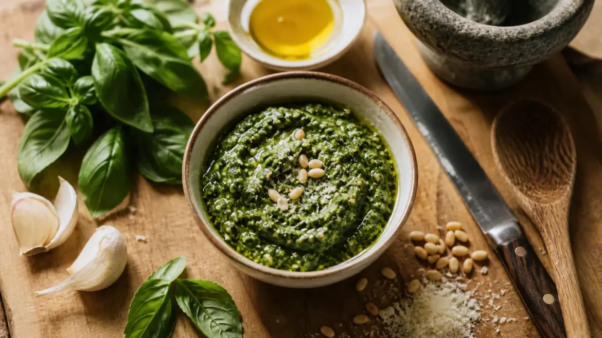 Pesto basilic maison, la sauce verte lisse en 5 minutes pour 4 personnes Recette pour pesto basilic maison : bol de pesto vert au basilic et pignons