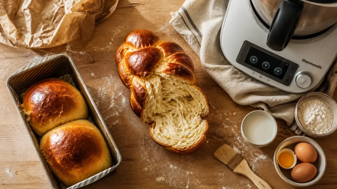Recette Thermomix brioche : pétrissage long, beurre tardif et mie filante Recette thermomix brioche : mie filante dorée
