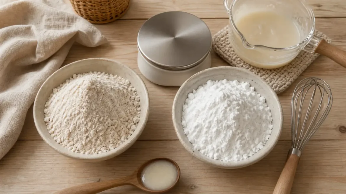 Maïzena ou farine : où diviser par deux, où remplacer partiellement, où éviter la substitution ? Remplacer la farine par la maïzena : bols de farine et maïzena, balance cuisine