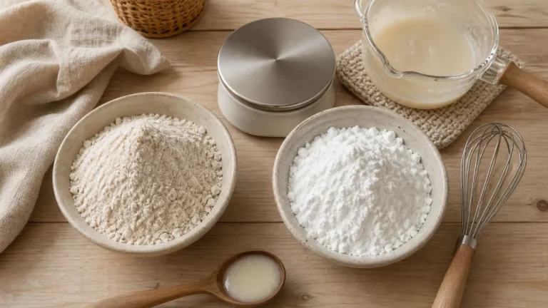 Maïzena ou farine : où diviser par deux, où remplacer partiellement, où éviter la substitution ? Remplacer la farine par la maïzena : bols de farine et maïzena, balance cuisine