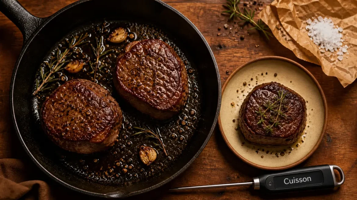 Tournedos au boeuf saisis à la poêle, viande tendre, croûte dorée