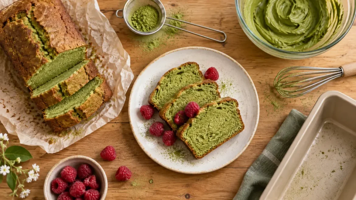 Réussir un cake au thé matcha moelleux : 180 °C, 40 minutes et 4 gestes précis Cake au the matcha moelleux tranché, mie verte