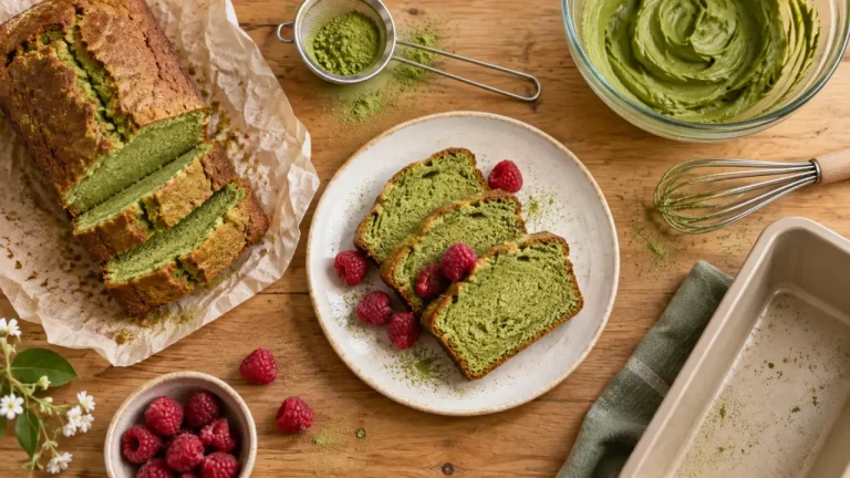 Réussir un cake au thé matcha moelleux : 180 °C, 40 minutes et 4 gestes précis Cake au the matcha moelleux tranché, mie verte