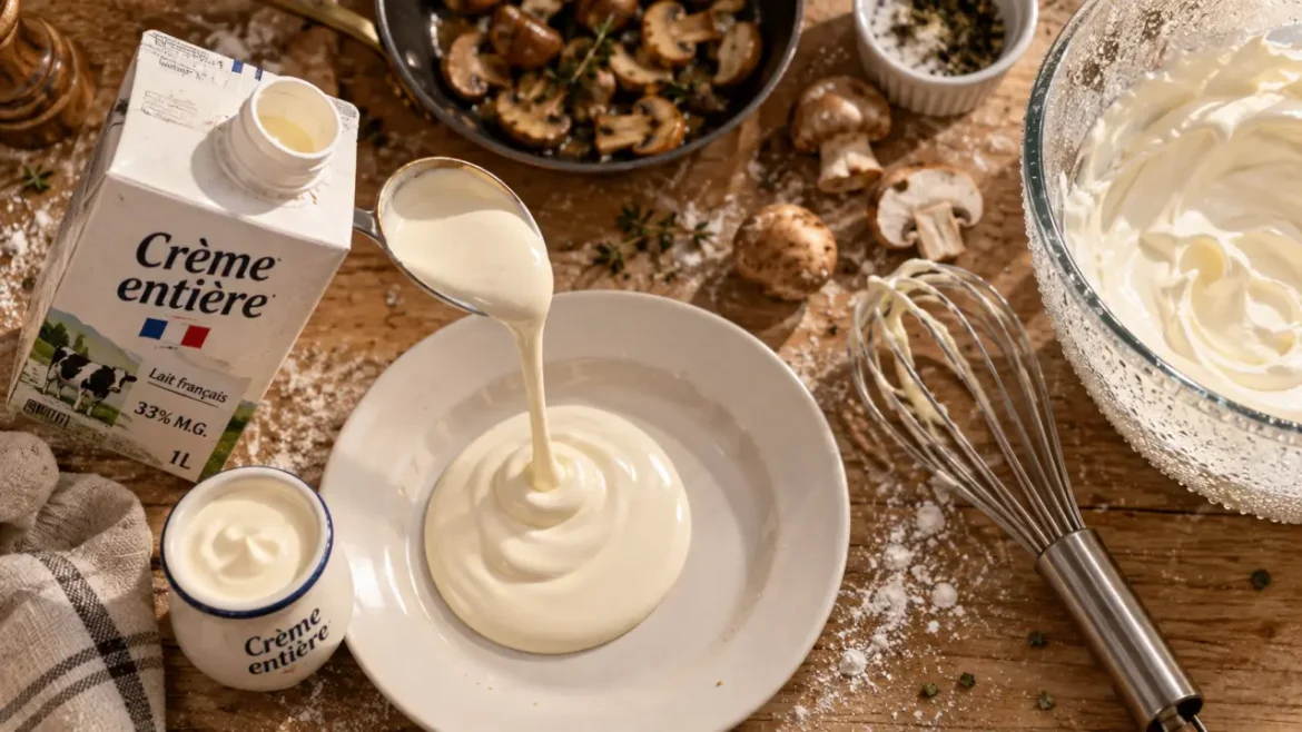 Crème entiere : crème épaisse 30% matière grasse en cuisine