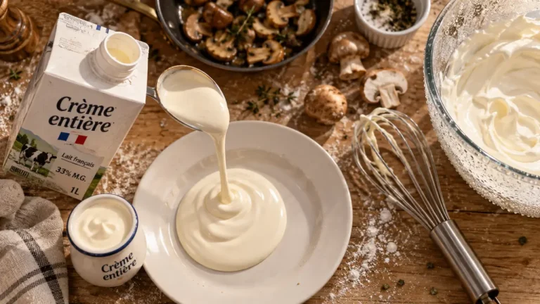 Crème entiere : crème épaisse 30% matière grasse en cuisine