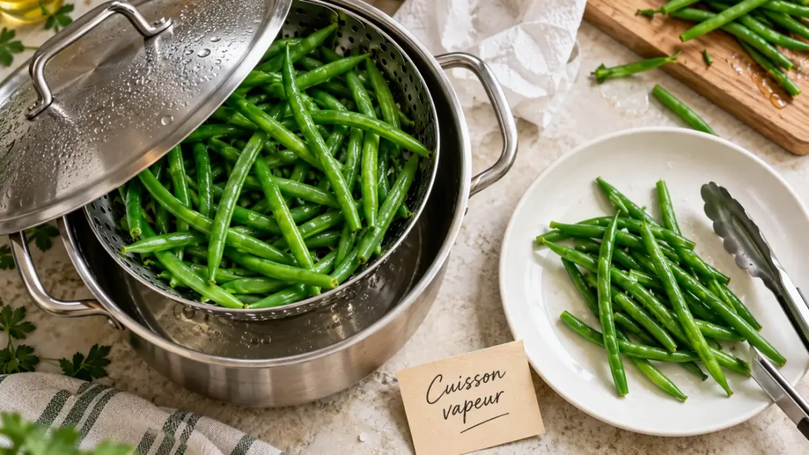 Cuisson vapeur haricot vert : panier inox et haricots verts croquants