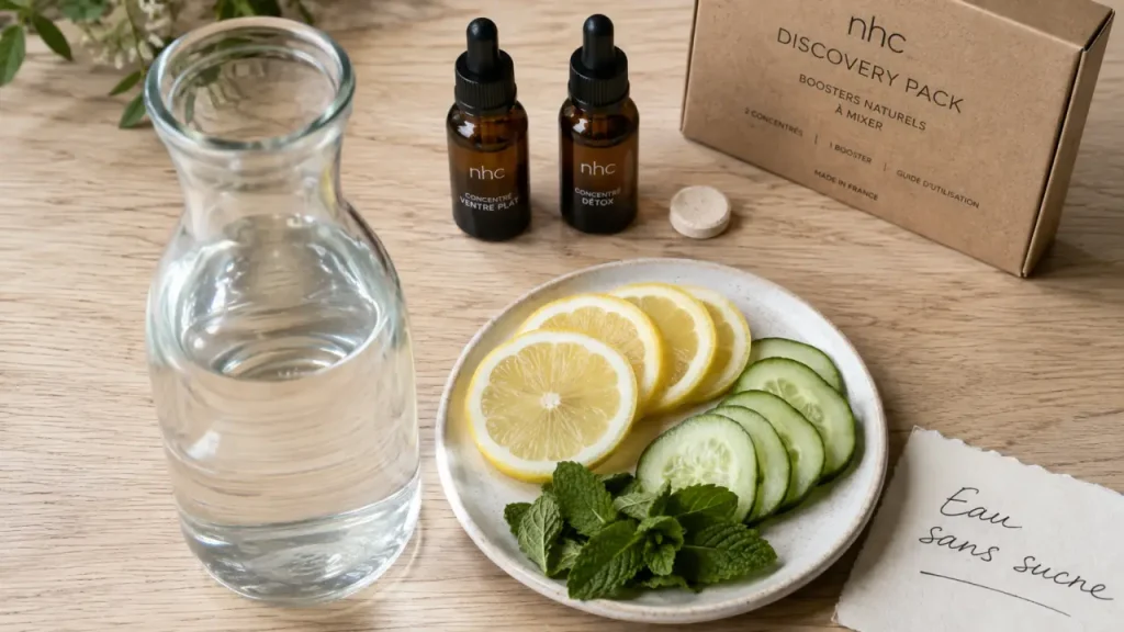 Eau aromatisée sans sucre : citron, concombre et menthe dans une carafe