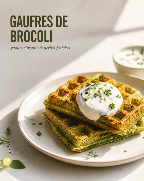 Gaufres brocolis dorées et moelleuses servies en assiette, photo culinaire appétissante
