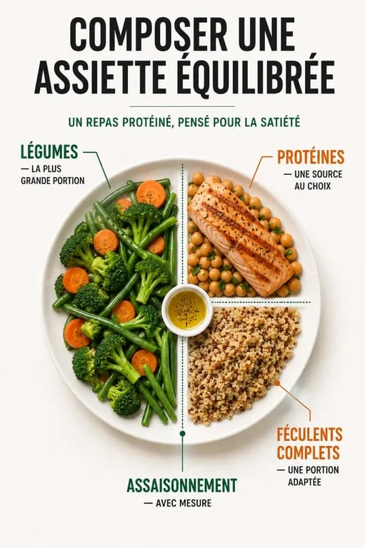 Assiette équilibrée pour un repas protéiné perte de poids avec protéines, légumes et féculents complets