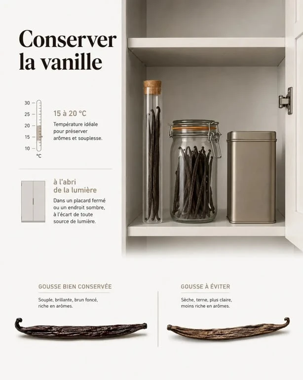 Conserver les gousses de vanille dans un tube en verre et un bocal hermétique, avec comparaison visuelle d’une gousse saine et d’une gousse abîmée