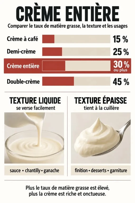 Infographie comparative sur la crème entière, son taux de matière grasse et ses usages en cuisine