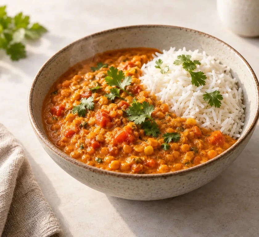 Recette de lentilles corail simple au curry et lait de coco servie avec du riz