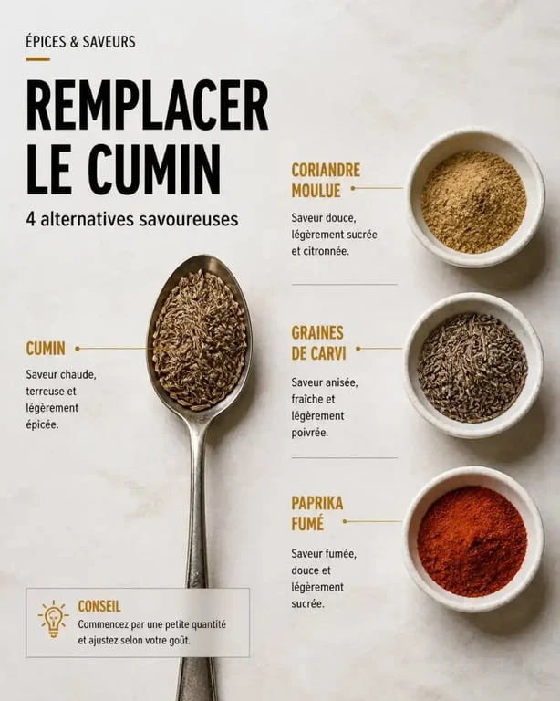 Substituts du cumin en cuisine : coriandre, carvi et paprika fumé