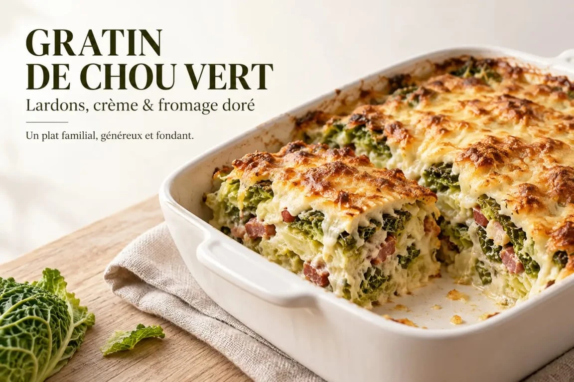 Gratin chou vert aux lardons avec fromage doré et cœur crémeux