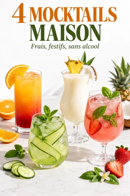 Cocktails sans alcool originaux maison : Sunrise, Nojito, Piña Colada et mocktail fraise-basilic