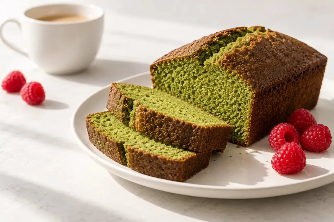 Cake au the matcha moelleux à la mie verte servi avec des framboises