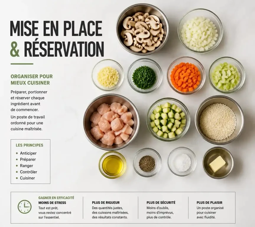 Organisation du plan de travail pour réserver des ingrédients en cuisine
